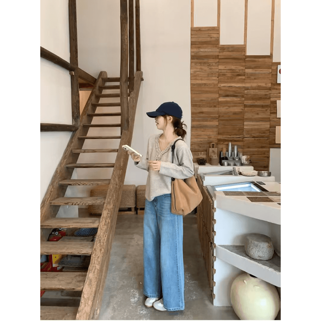한 부서 살구 색상 프릴 V넥 긴팔 니트 스웨터 여성 가을 착용 가져 가라. 작은 키 루즈핏 느긋한 바람 스웨터 맨위 상세 이미지 5