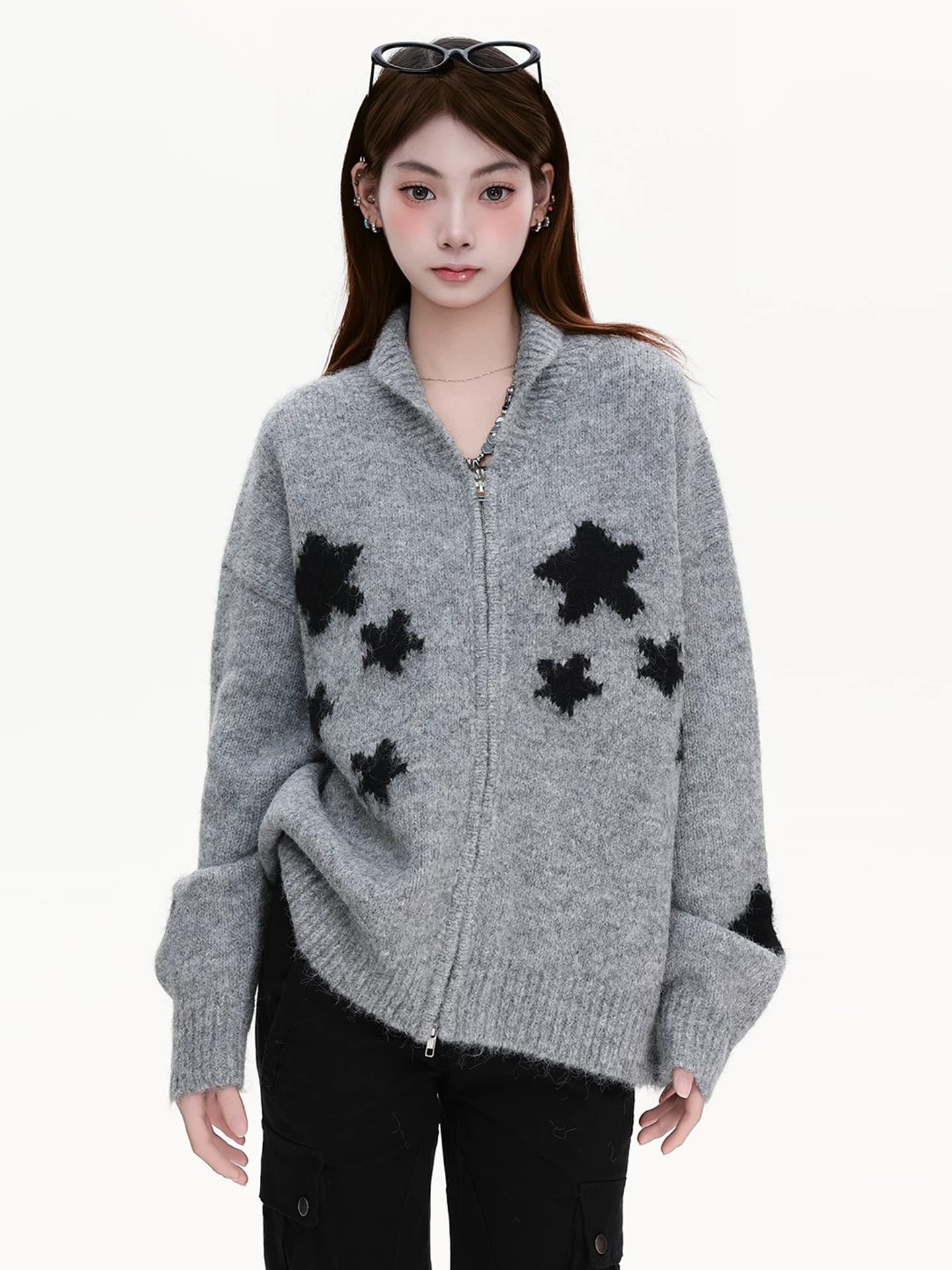 guuka 조수 브랜드 공정한 섬 털 셔츠 여자 후드 니트 스웨터 고양이 자카드 스웨터 양모 카디건 코트 이미지 3