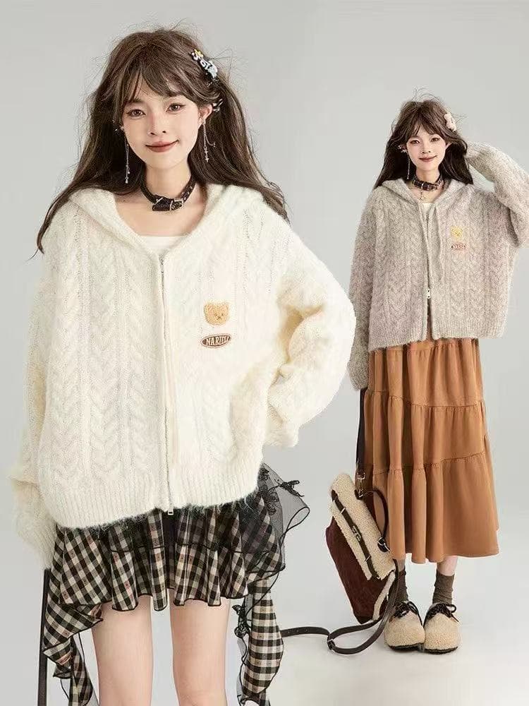 작은 곰 후드 니트 스웨터 여성 코트 봄 가을 가을 겨울 두꺼운 느긋한 바람 외출용 지퍼 오픈 가디건 후드티 맨위 이미지 3
