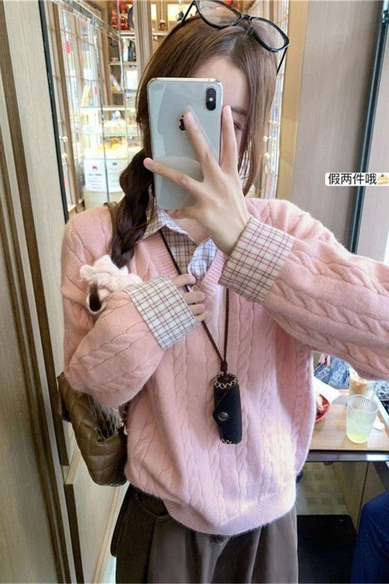 한 부서 꽈배기 핑크색 페이크 레이어드 스웨터 여자 가을 겨울 새로운 셔츠 패치워크 인사이드 가져 가라. 니트 스웨터 가을 맨위 여성 이미지 4