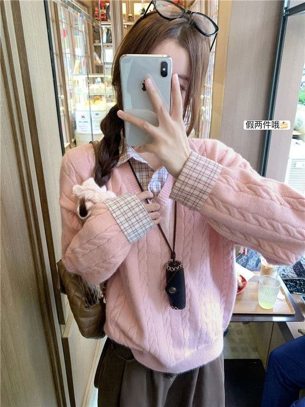 한 부서 꽈배기 핑크색 페이크 레이어드 스웨터 여자 가을 겨울 새로운 셔츠 패치워크 인사이드 가져 가라. 니트 스웨터 가을 맨위 여성 상세 이미지 1