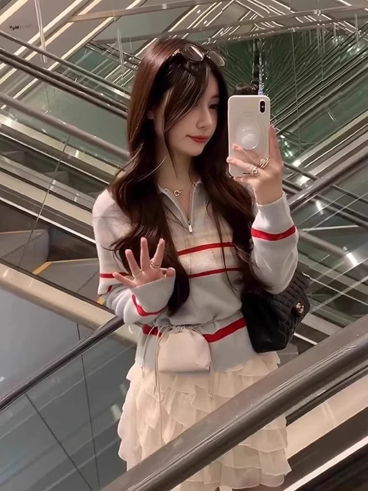 한국 chic 가을 새로운 레트로 연령 감소 폴로 칼라 하프 지퍼 다용도 작은 키 스트라이프 니트 스웨터 스웨터 여자 상세 이미지 2