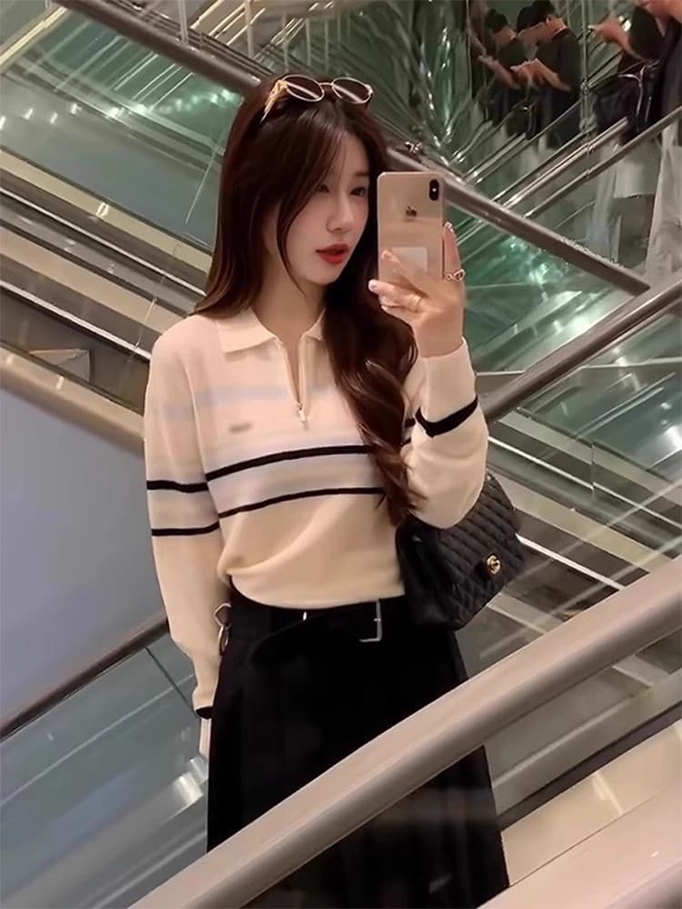 한국 chic 가을 새로운 레트로 연령 감소 폴로 칼라 하프 지퍼 다용도 작은 키 스트라이프 니트 스웨터 스웨터 여자 상세 이미지 4