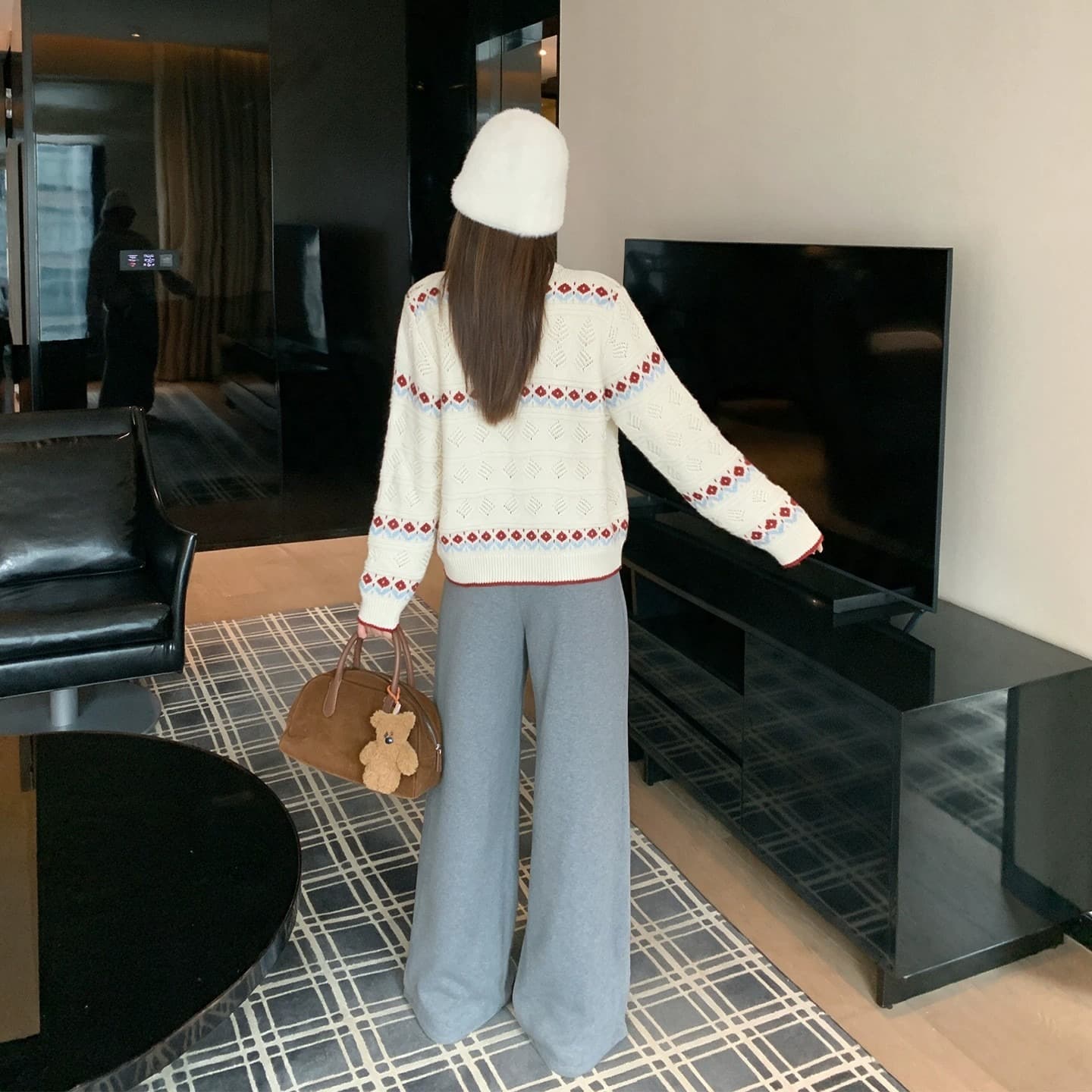 한 번 작은 짭짤한 한 부서 배색 니트 오픈 가디건 여성 가을 루즈핏 슬림해 보이는 라운드 넥 긴팔 짧은 에디션 달콤함 품격 재킷 이미지 5