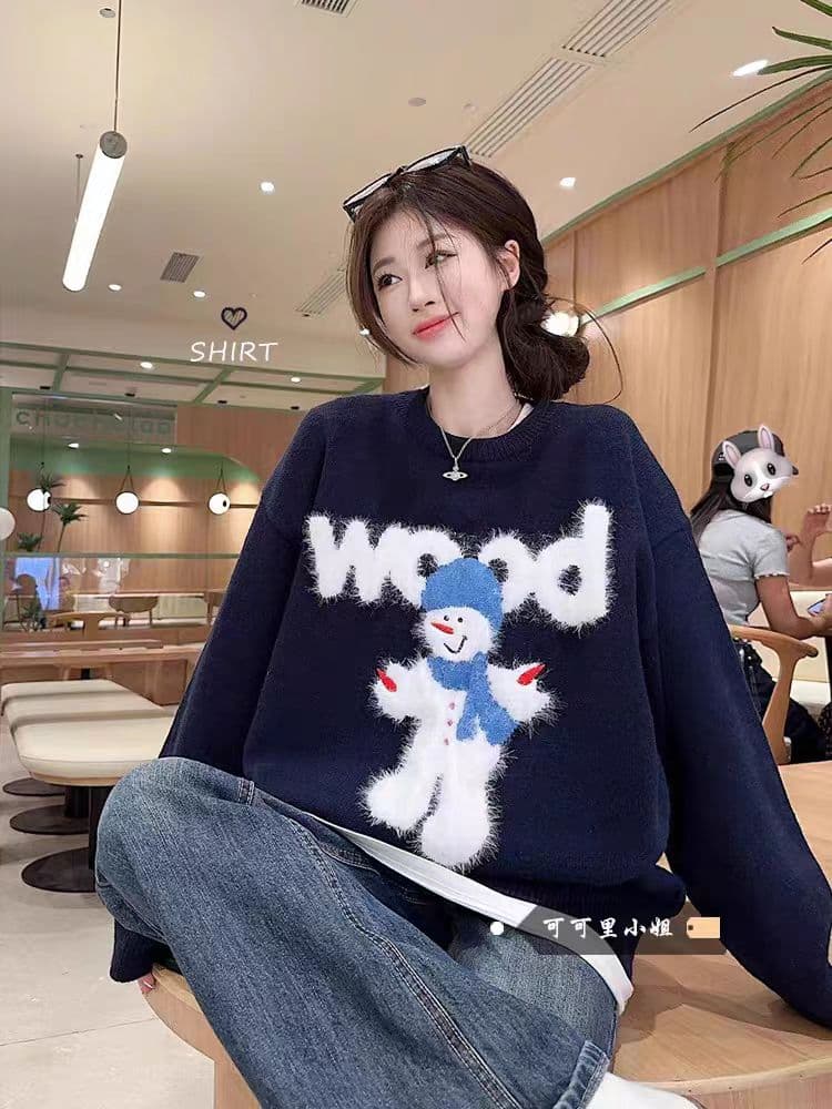 해군 작은 눈사람 느긋한 바람 니트 기본 셔츠 스웨터 여자 2026 새로운 한 부서 가을 착용 잡아라. 의류 상세 이미지 2