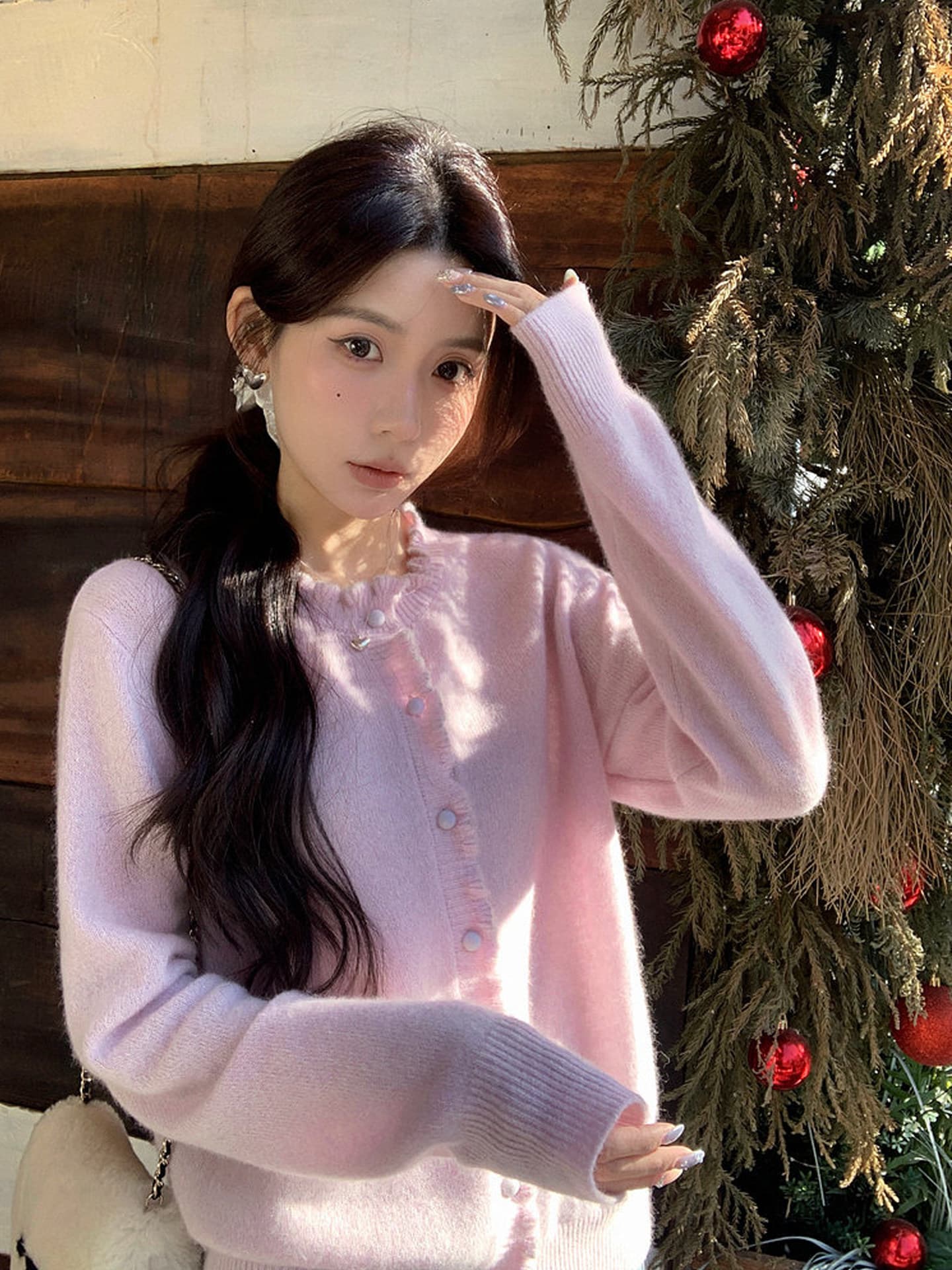 느긋한 바람 화이트 레이스 디자인 센스 니트 오픈 가디건 여성 가을 겨울 레트로 품격 다용도 싱글 줄 버튼 스택 착용 맨위 상세 이미지 3