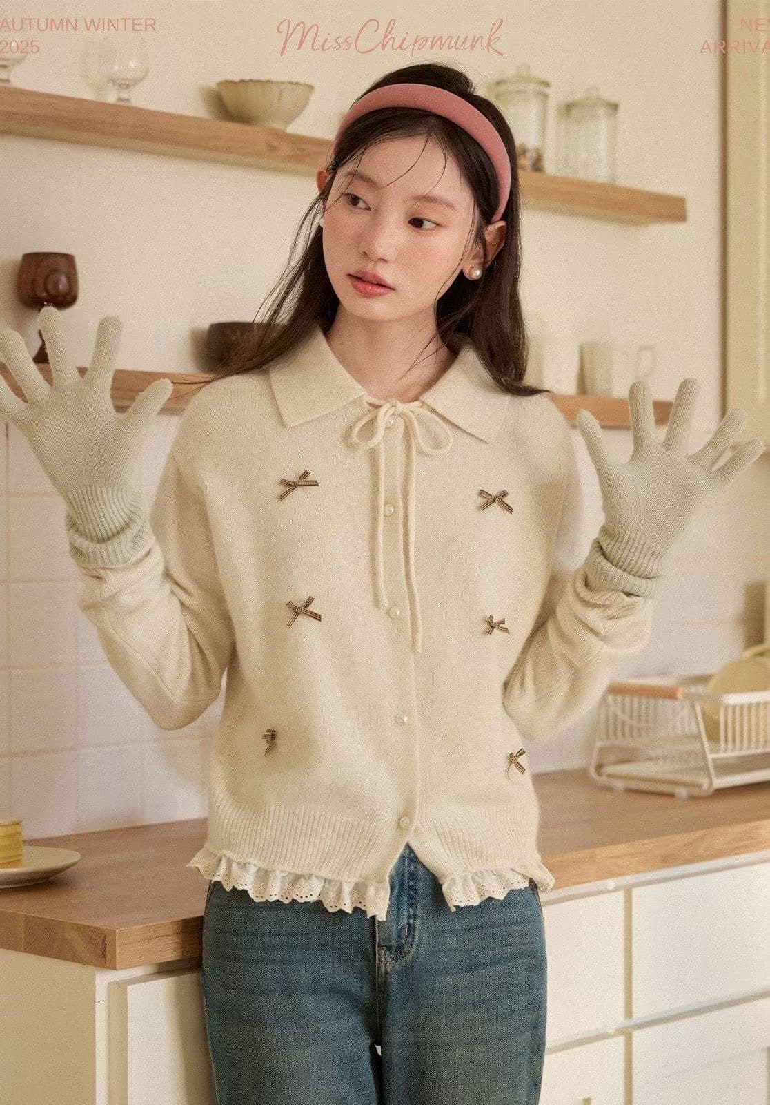 가을 새로운 한 부서 쇼트 스타일 나비 매듭 레이스 레이스 긴팔 폴로 칼라 스웨터 카디건 코트 이미지 2