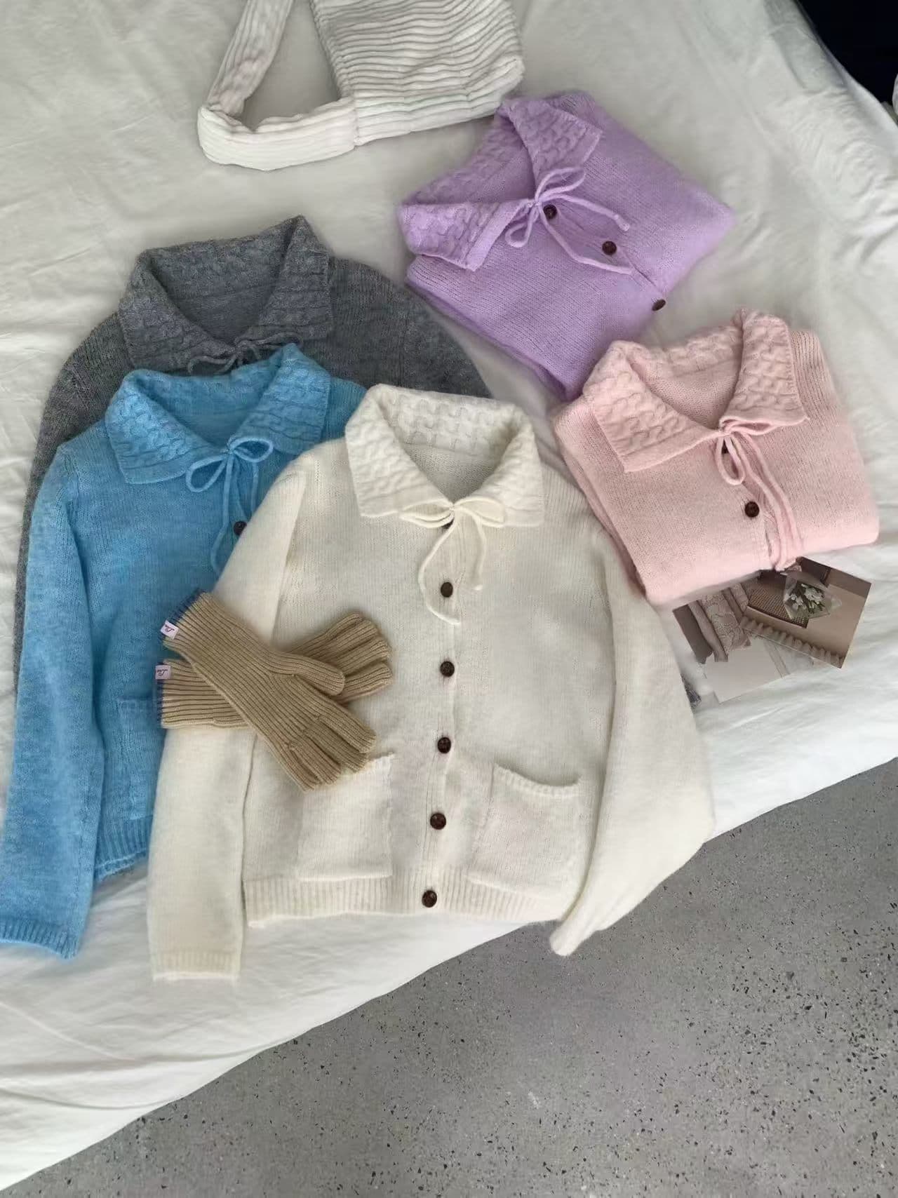 sisilyon 한 부서 비밀번호 레트로 폴로 칼라 레이스업 스웨터 여성 코트 작은 키 미니멀리즘 진짜 착용 카디건 상세 이미지 5