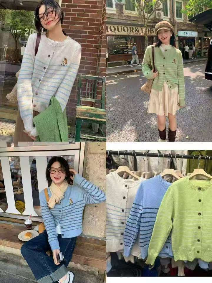 씽 하는 소리 작은 곰 한 부서 포함 양모 자수 작은 곰 스웨터 여성 코트 가을 겨울 느긋한 바람 캐주얼 오픈 가디건 상세 이미지 6