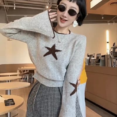 한 부서 귀여운 나팔 소매 펜타곤 별 니트 스웨터 여성 새로운 패션 품격 연령 감소 작은 대중 다용도 맨위 여성 상세 이미지 2