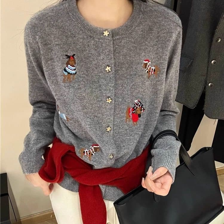 가을 겨울 여자 장난기 넘치는 만화 강아지 자수 패치워크 색상 라운드 넥 스웨터 코트 캐주얼 연령 감소 양모 니트 오픈 가디건 상세 이미지 3