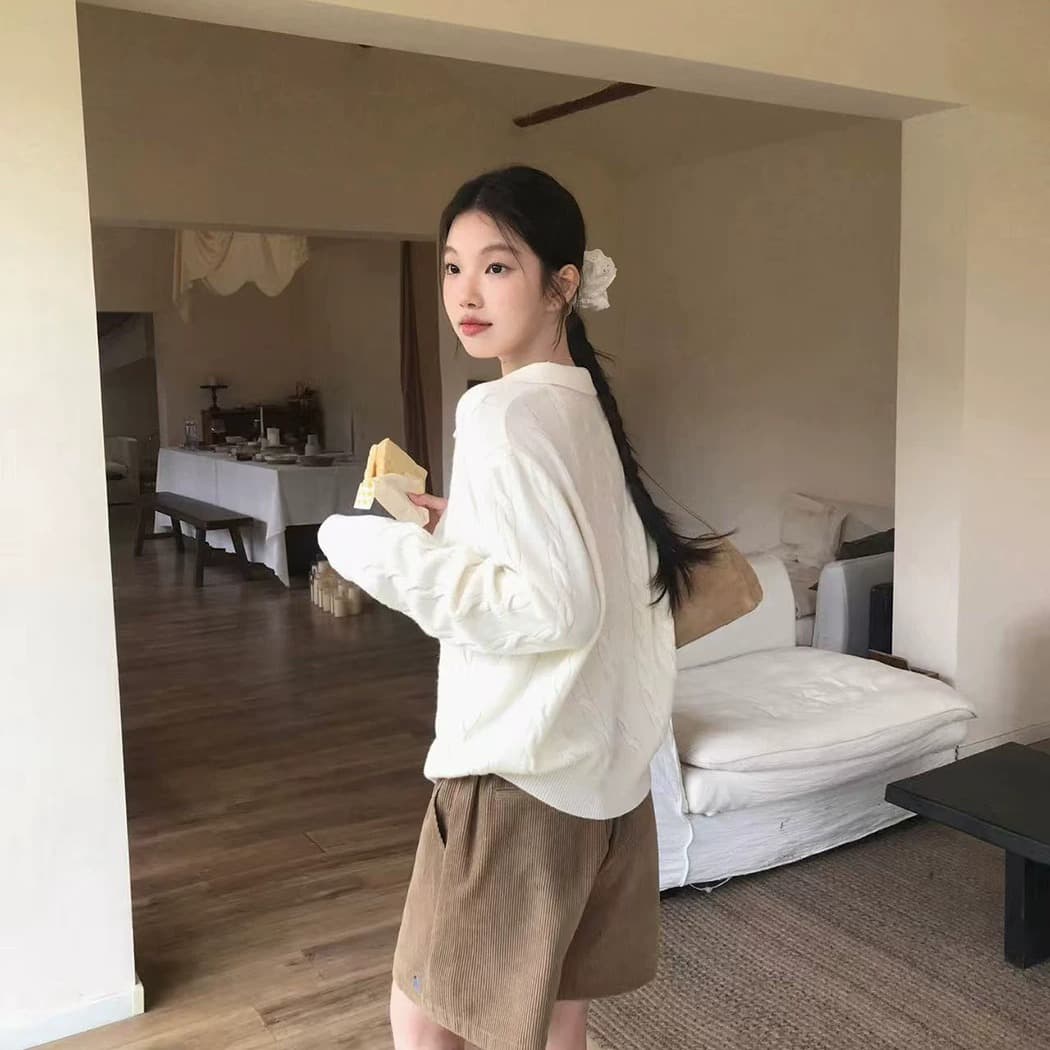 한 부서 V넥 꽈배기 스웨터 여자 가을 겨울 느긋한 바람 부드러운 찹쌀 니트 스웨터 맨위 상세 이미지 5