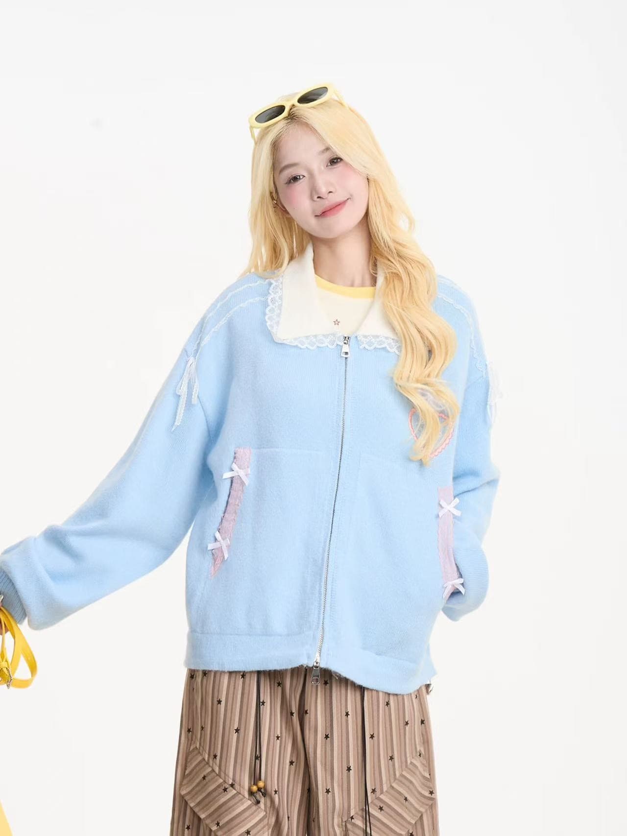 레이스 조각 베이비 칼라 스웨터 여자 부드러운 찹쌀 느긋한 가을 겨울 연령 감소 보온 오픈 가디건 니트 재킷 상세 이미지 2