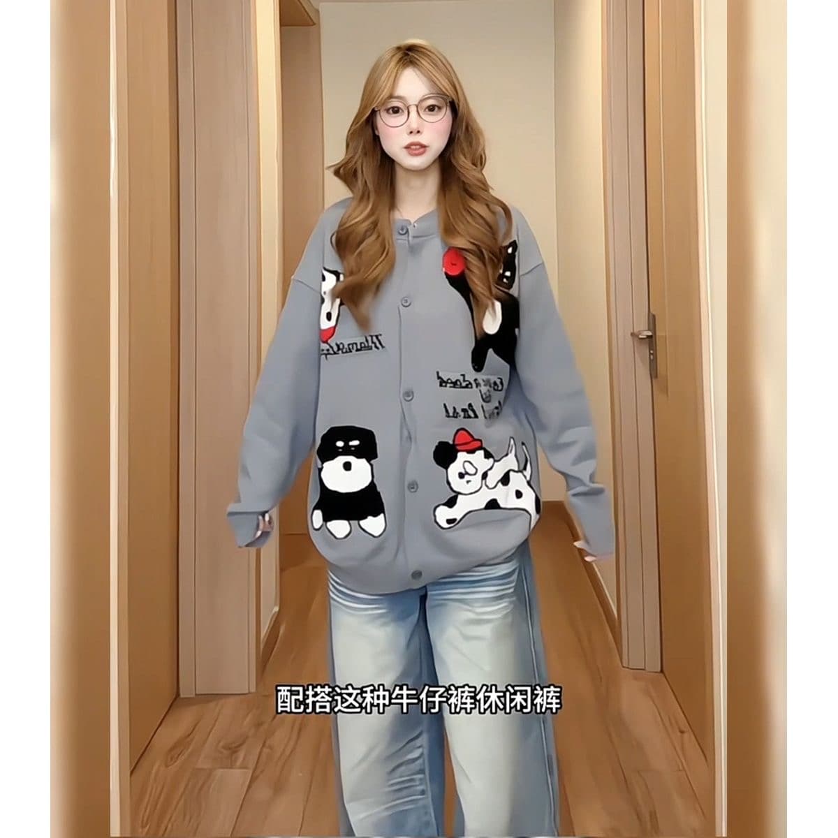 가을 겨울 레트로 만화 강아지 자수 니트 카디건 코트 남녀 루즈핏 느긋한 스웨터 상세 이미지 4