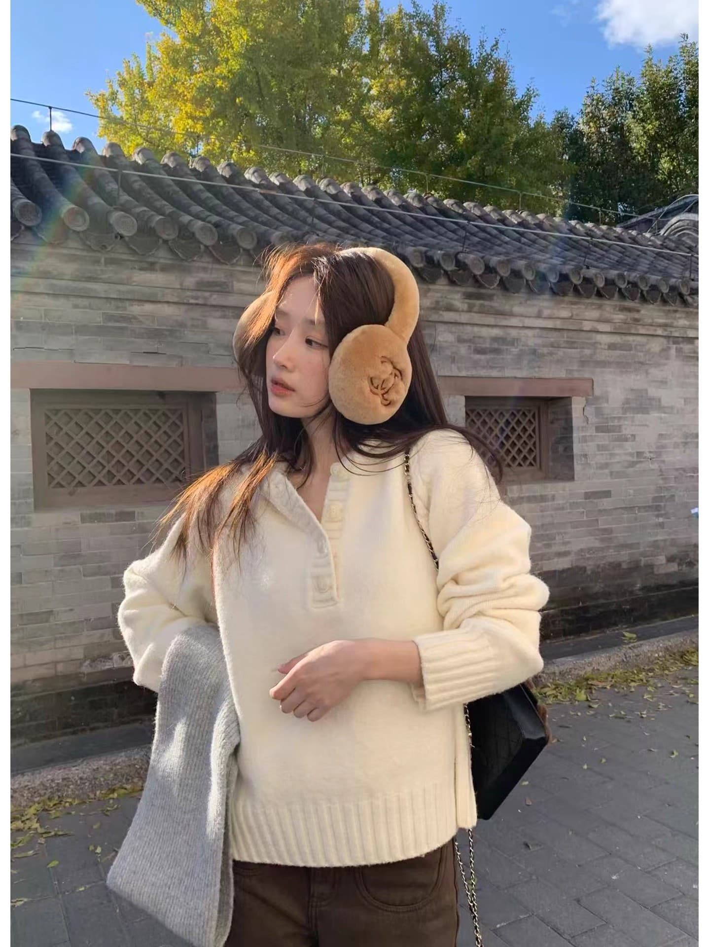 im ~까지 바닐라 천 새싹 양모 혼방 느긋한 헨리 칼라 루즈핏 프로필 모양 니트 풀오버 후드 스웨터 여성 겨울 이미지 2