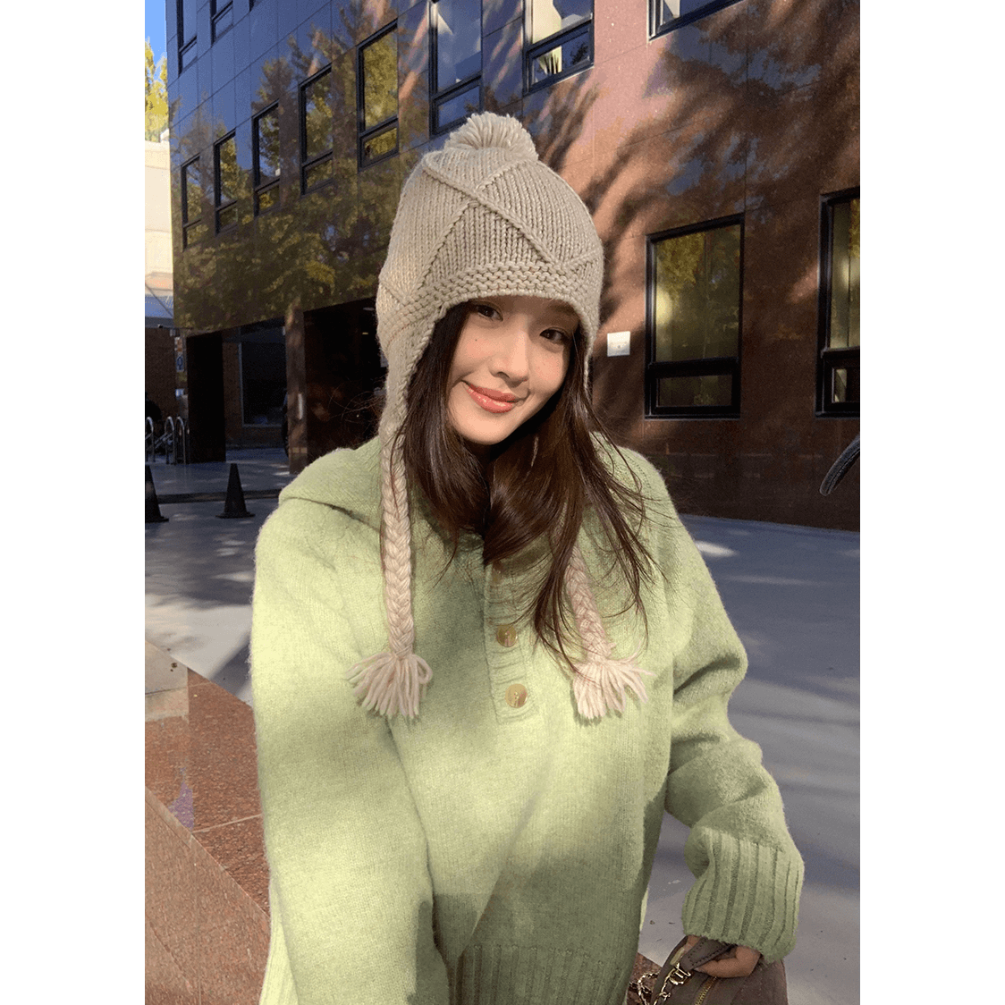 im ~까지 바닐라 천 새싹 양모 혼방 느긋한 헨리 칼라 루즈핏 프로필 모양 니트 풀오버 후드 스웨터 여성 겨울 이미지 5