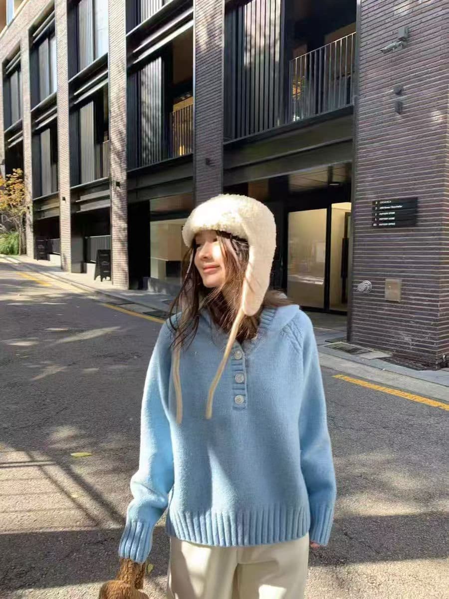 im ~까지 바닐라 천 새싹 양모 혼방 느긋한 헨리 칼라 루즈핏 프로필 모양 니트 풀오버 후드 스웨터 여성 겨울 상세 이미지 3
