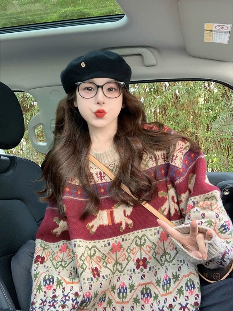 레트로 자카드 공정한 섬 스웨터 여자 가을 겨울철 두꺼운 2026 새로운 느긋한 바람 디자인 센스 루즈핏 니트 스웨터 상세 이미지 1
