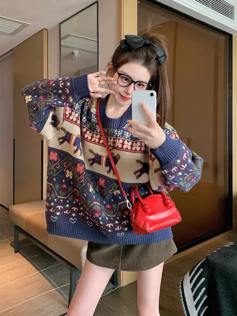 레트로 자카드 공정한 섬 스웨터 여자 가을 겨울철 두꺼운 2026 새로운 느긋한 바람 디자인 센스 루즈핏 니트 스웨터 상세 이미지 6