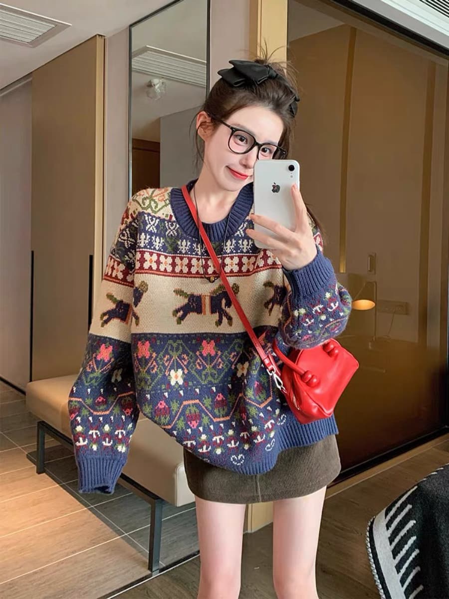 레트로 자카드 공정한 섬 스웨터 여자 가을 겨울철 두꺼운 2026 새로운 느긋한 바람 디자인 센스 루즈핏 니트 스웨터 상세 이미지 7