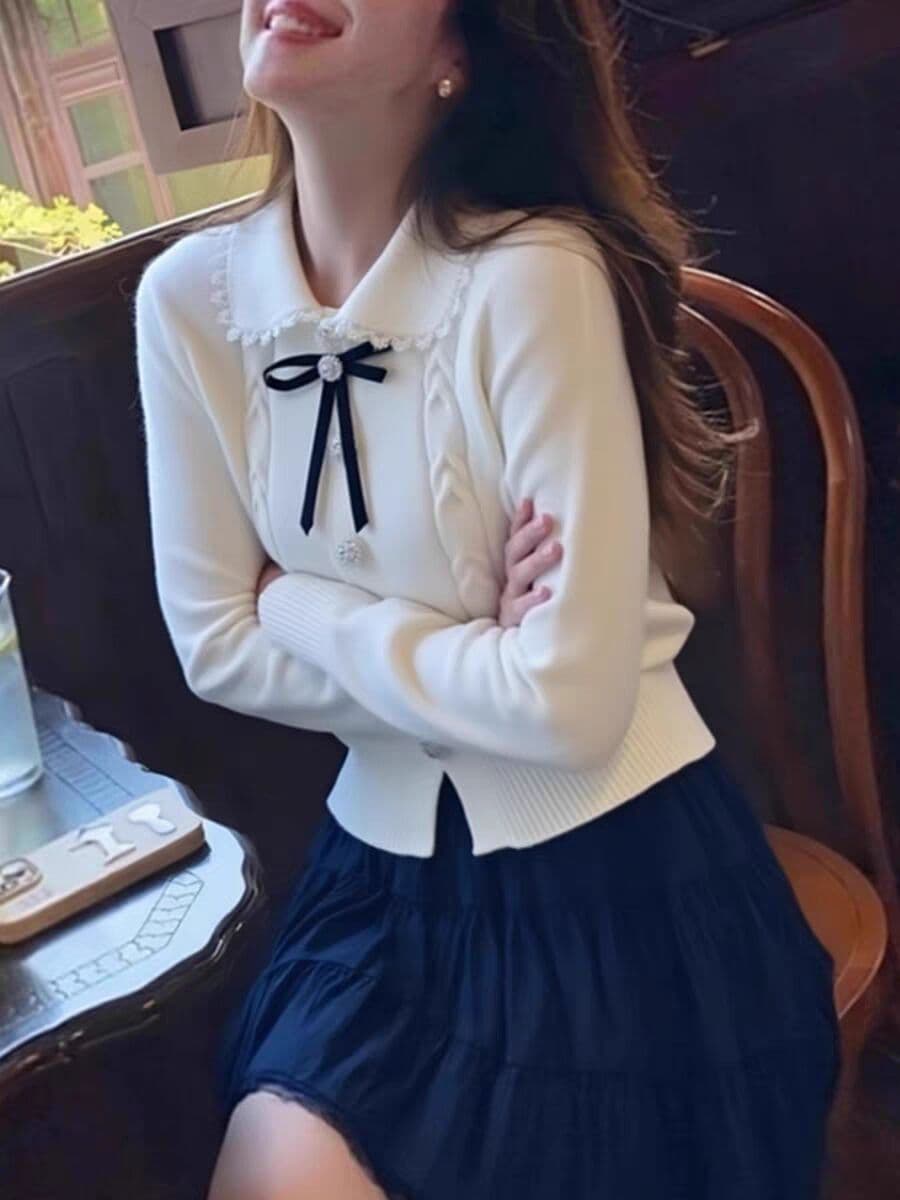 2026 봄 새로운 베이비 칼라 니트 스웨터 여성 레이스 나비 매듭 고급 프랑스식 맨위 이미지 4