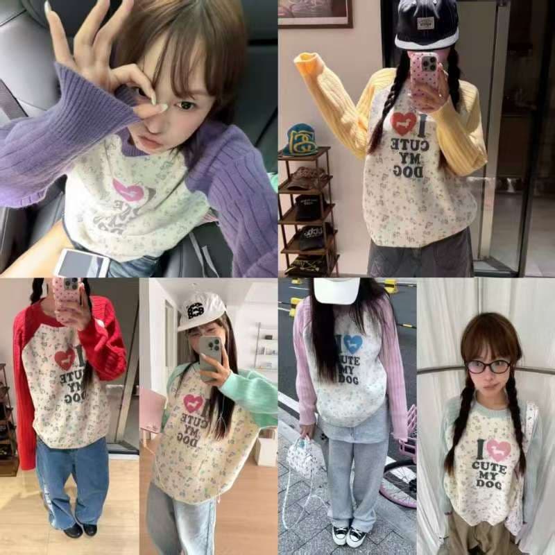 아메리칸 재미있는 프린트 패치워크 색상 긴팔 니트 스웨터 남녀 봄 가을 루즈핏 캐주얼 다용도 풀오버 털 셔츠 상세 이미지 1