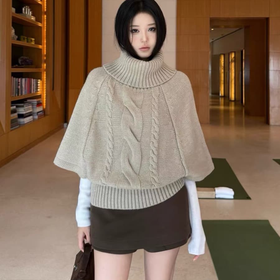 두꺼운 한 부서 분위기 센스 이른 가을 착용 가져 가라. 레트로 터틀넥 망토 스웨터 중간 소매 니트 스웨터 여성 새로운 가을 겨울철 이미지 4