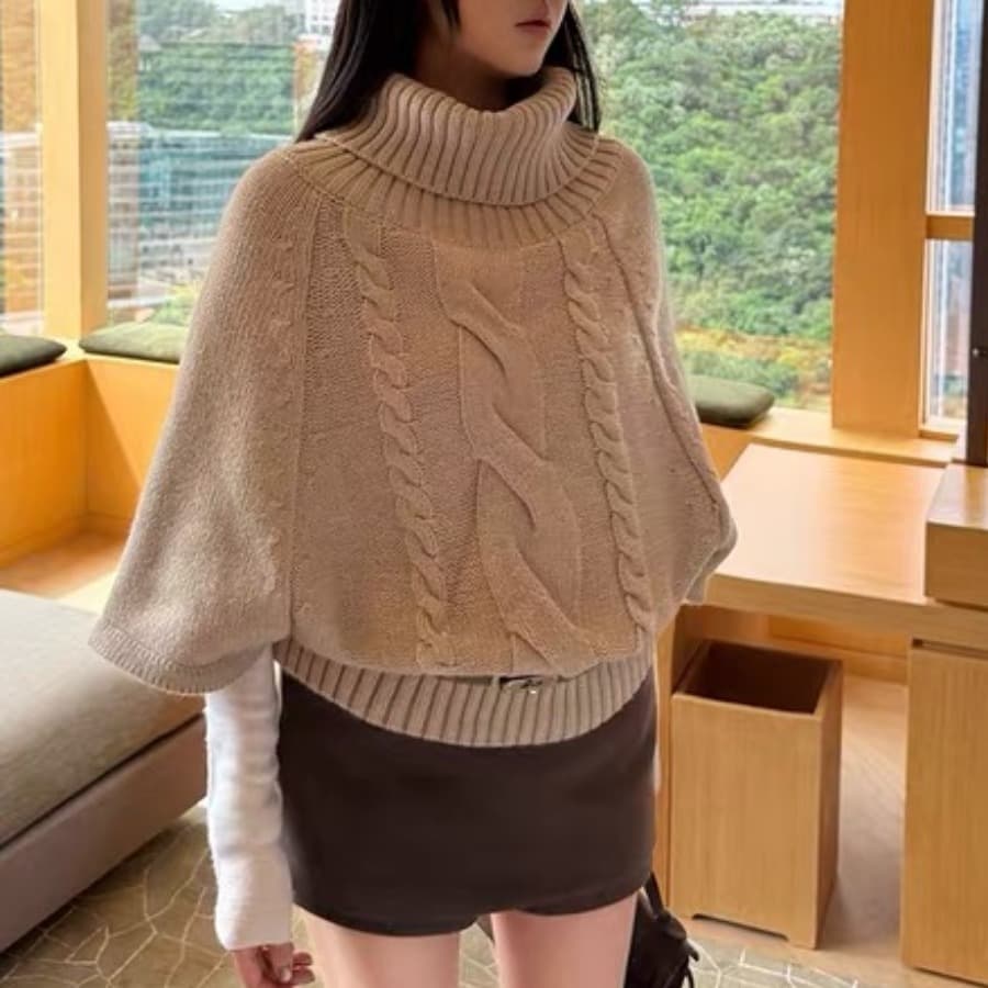 두꺼운 한 부서 분위기 센스 이른 가을 착용 가져 가라. 레트로 터틀넥 망토 스웨터 중간 소매 니트 스웨터 여성 새로운 가을 겨울철 상세 이미지 1