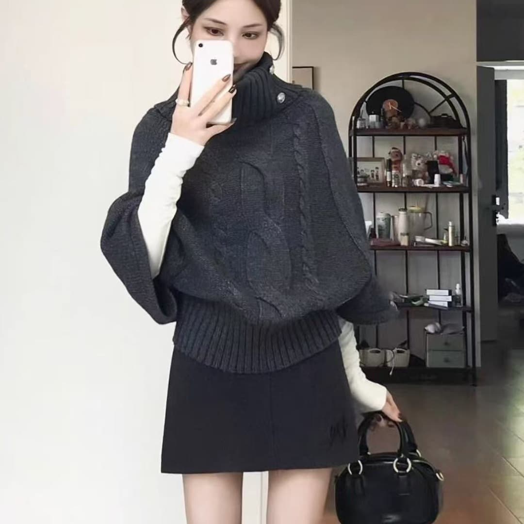 두꺼운 한 부서 분위기 센스 이른 가을 착용 가져 가라. 레트로 터틀넥 망토 스웨터 중간 소매 니트 스웨터 여성 새로운 가을 겨울철 상세 이미지 2