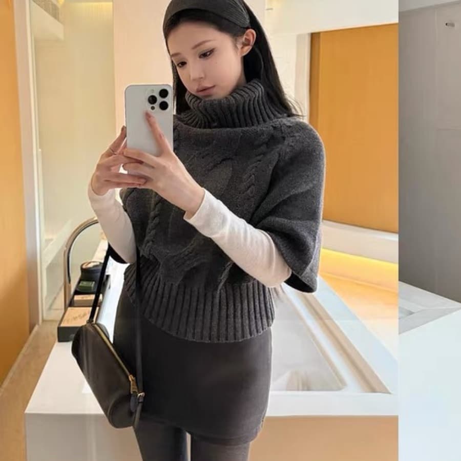 두꺼운 한 부서 분위기 센스 이른 가을 착용 가져 가라. 레트로 터틀넥 망토 스웨터 중간 소매 니트 스웨터 여성 새로운 가을 겨울철 상세 이미지 3