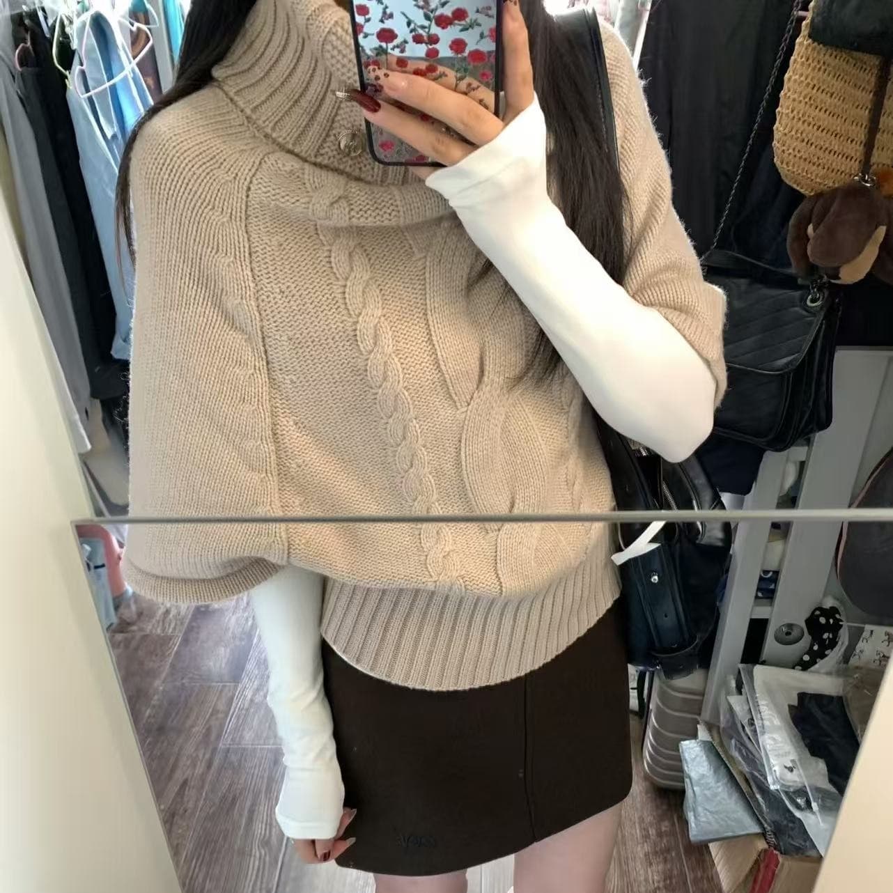 두꺼운 한 부서 분위기 센스 이른 가을 착용 가져 가라. 레트로 터틀넥 망토 스웨터 중간 소매 니트 스웨터 여성 새로운 가을 겨울철 상세 이미지 5