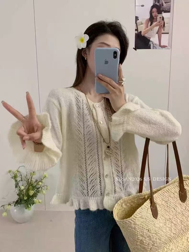슈퍼 좋은 모헤어 홀로우 아웃 니트 오픈 가디건 달콤함 부드러운 문예 바람 미니멀리즘 다용도 도파민 털 니트