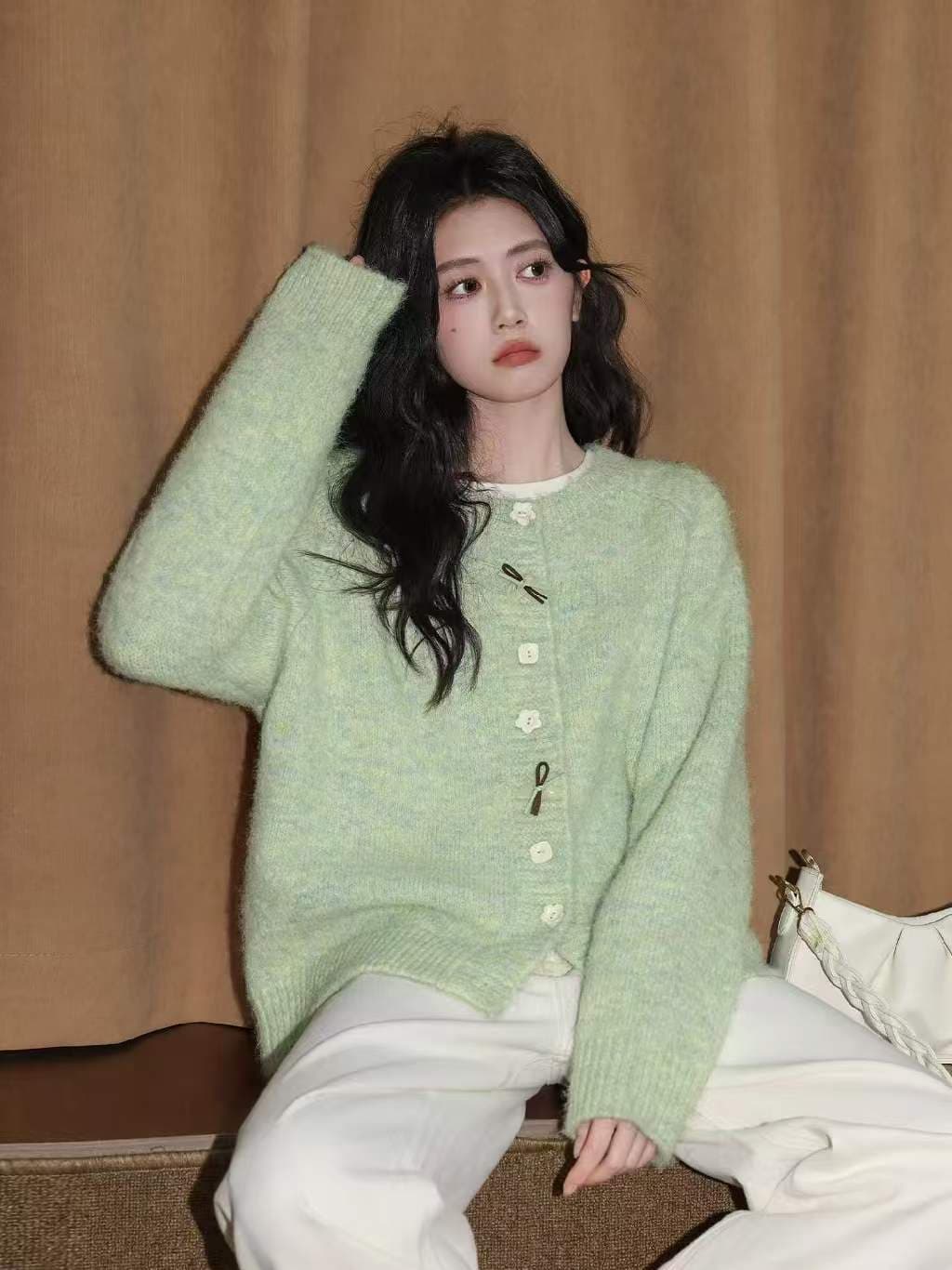 밝은 녹색 라운드 넥 스웨터 여성 코트 가을 겨울 새로운 와이드 부드러운 찹쌀 두꺼운 니트 오픈 가디건 외부 잡아라. 의류 상세 이미지 1