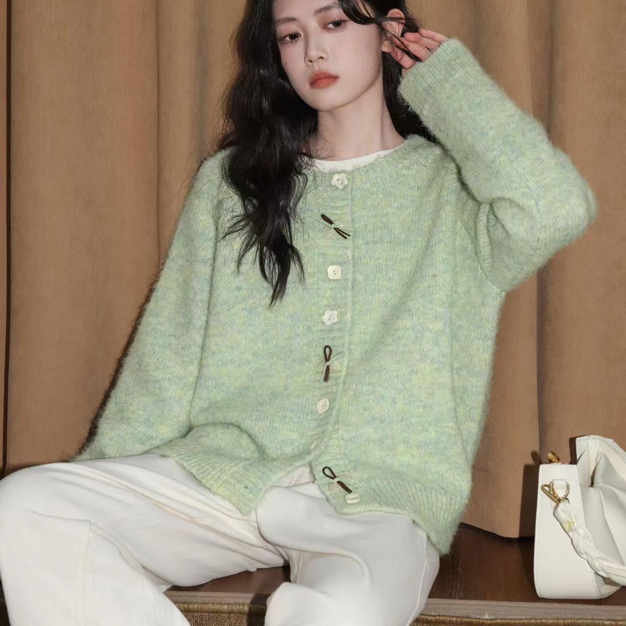 밝은 녹색 라운드 넥 스웨터 여성 코트 가을 겨울 새로운 와이드 부드러운 찹쌀 두꺼운 니트 오픈 가디건 외부 잡아라. 의류 상세 이미지 2