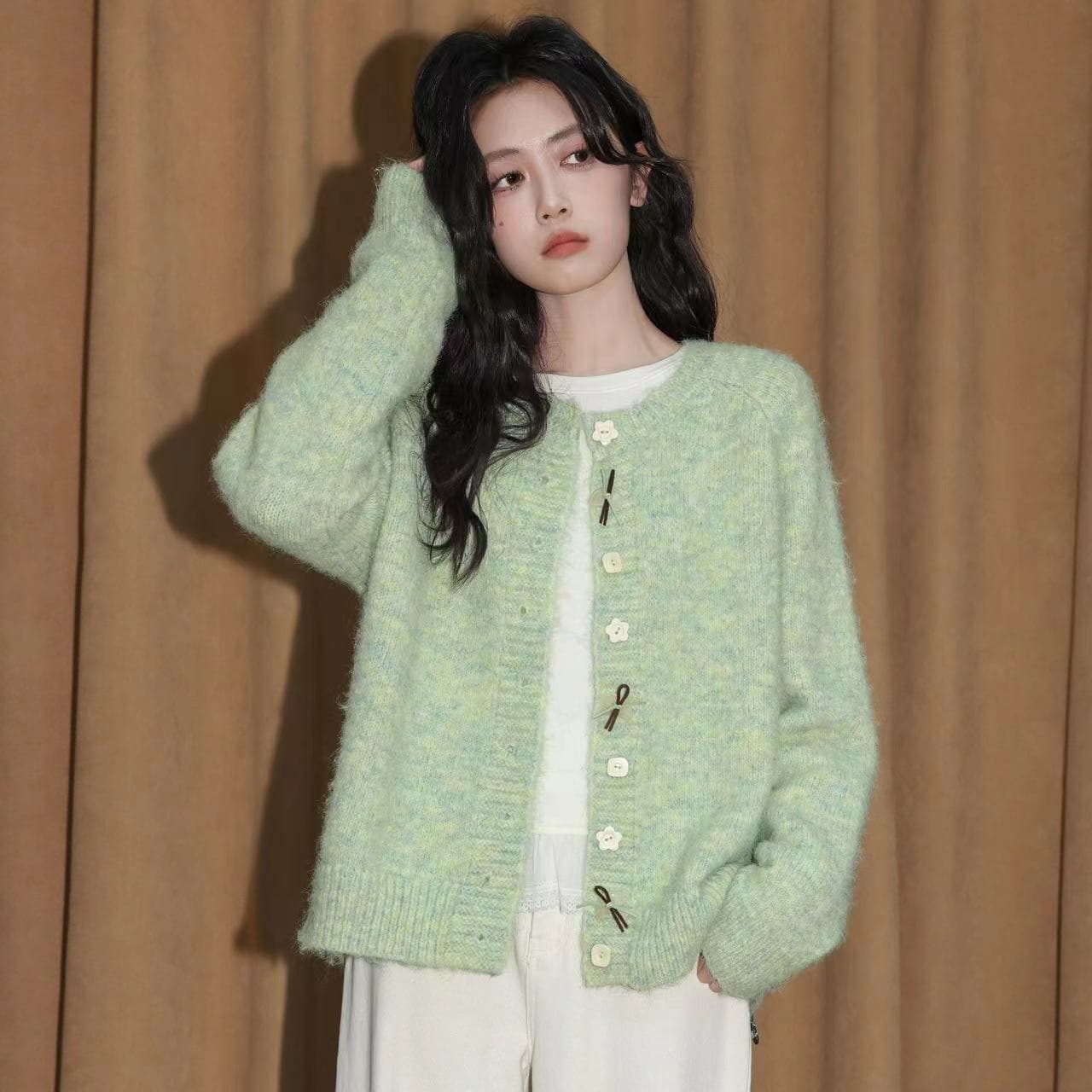 밝은 녹색 라운드 넥 스웨터 여성 코트 가을 겨울 새로운 와이드 부드러운 찹쌀 두꺼운 니트 오픈 가디건 외부 잡아라. 의류 상세 이미지 3