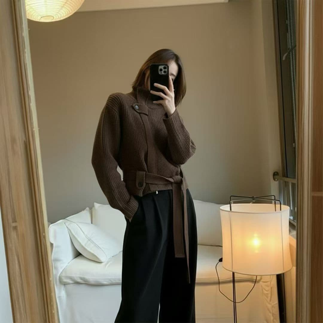 유럽 상품 레이스업 허리 수축 슬림해 보이는 전체 양모 니트 오픈 가디건 여성 한 부서 스탠드 칼라 두꺼운 바늘 가을 겨울 스웨터 코트 두꺼운 스타일 이미지 5