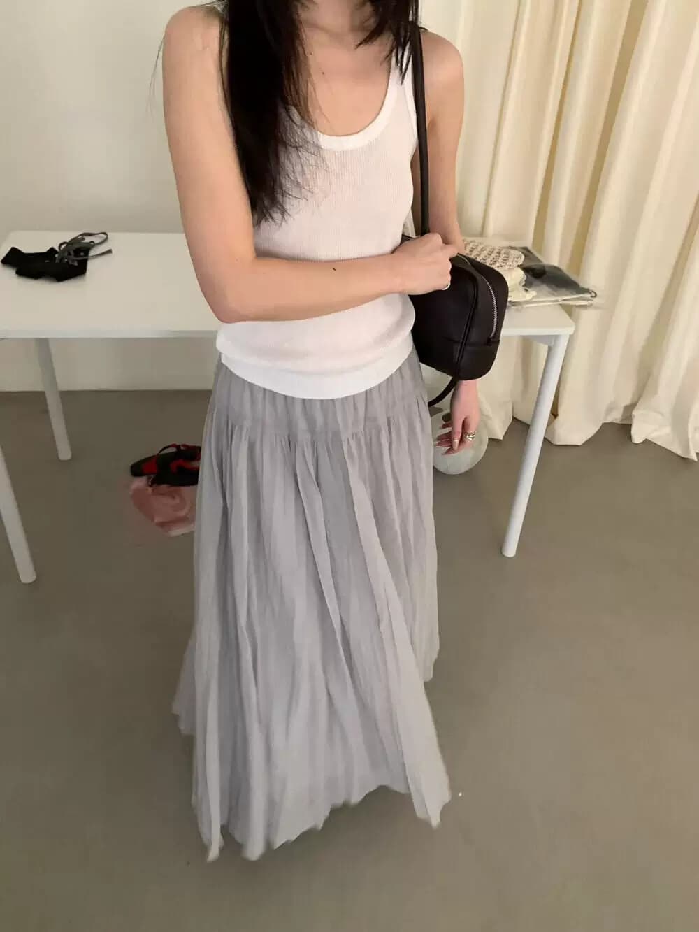 한 부서 작은 여자 도파민 허리밴드 루즈핏 종류 플리츠 스커트 A형 도루 센스 반신 스커트 캐주얼 하이웨이스트 롱 스커트 상세 이미지 2
