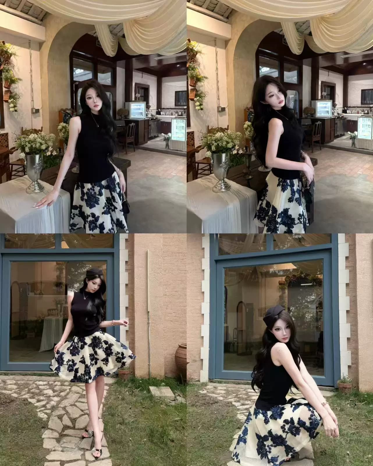 awmumu 프랑스식 명문 여성 바람 파란색 자수 꽃 반신 스커트 여성 몸매 가꾸기 슬림해 보이는 하이웨이스트 퍼프 스커트 짧은 치마 상세 이미지 5