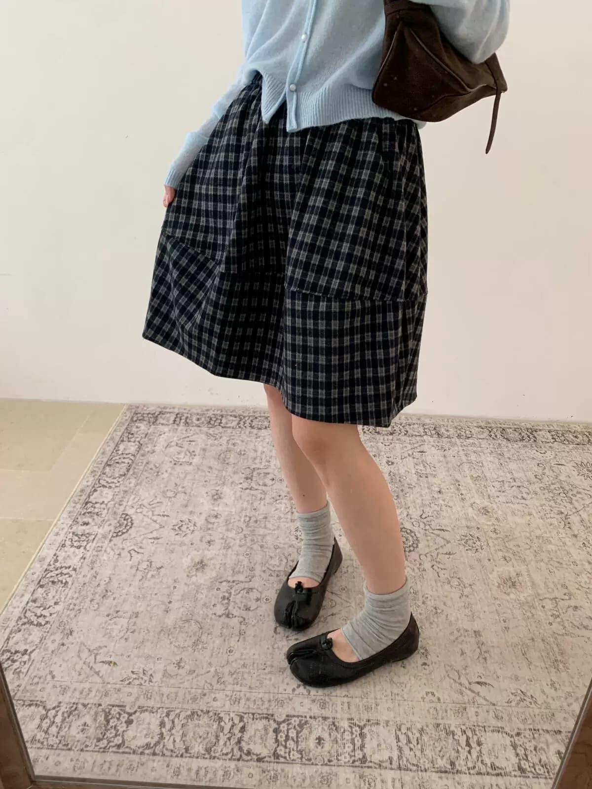 한 부서 레트로 체크무늬 패치워크 플리츠 반신 스커트 여성 가을 새로운 하이웨이스트 한 마디 중간 길이 다용도 중간 스커트 상세 이미지 3