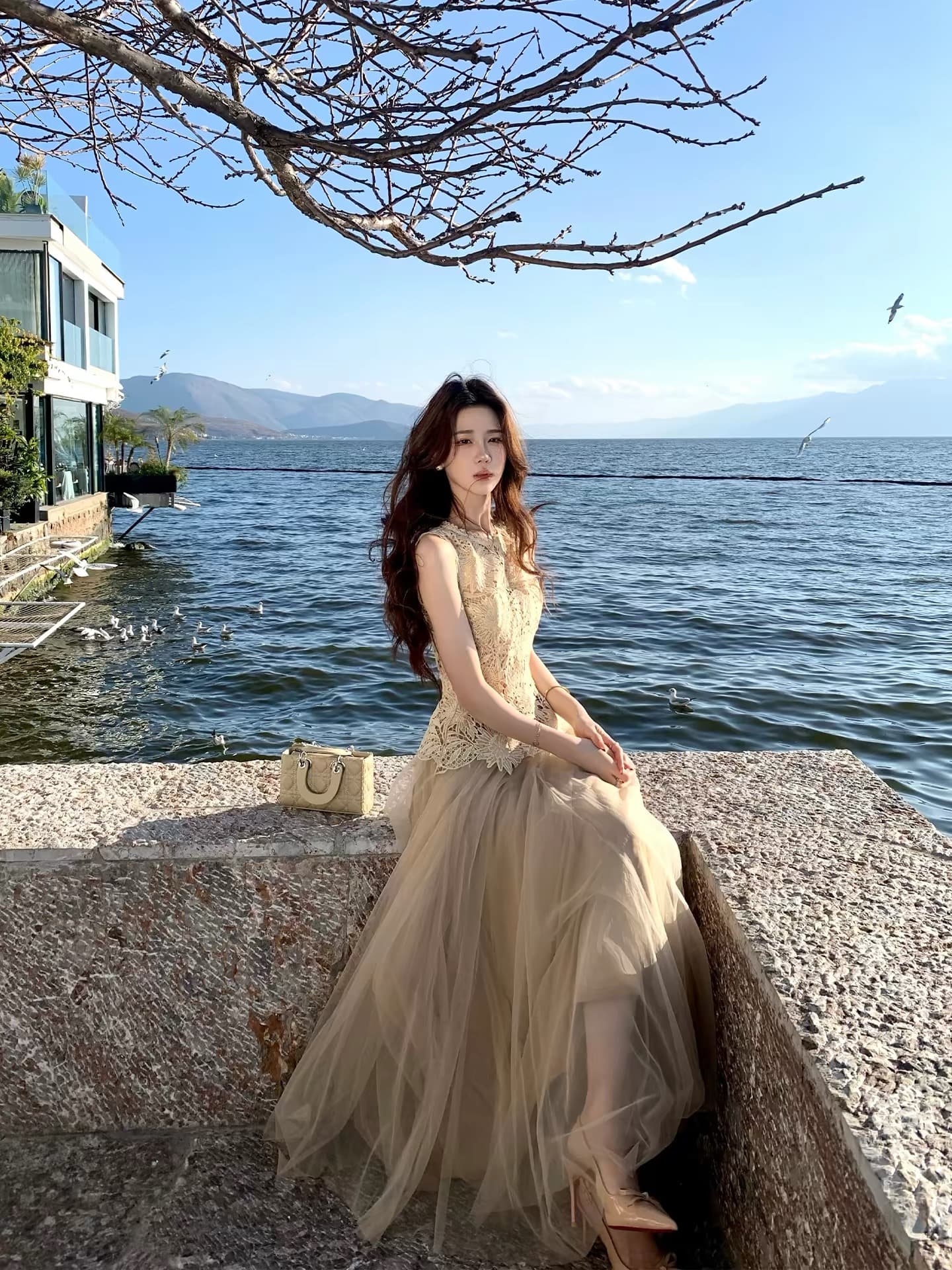 무쯔리 목자이 ~ 중 리 부드러운 바람 민소매 허리 수축 홀로우 아웃 레이스 프로 피부 맨위 도루 센스 망사 반신 치마 세트 여름 이미지 3