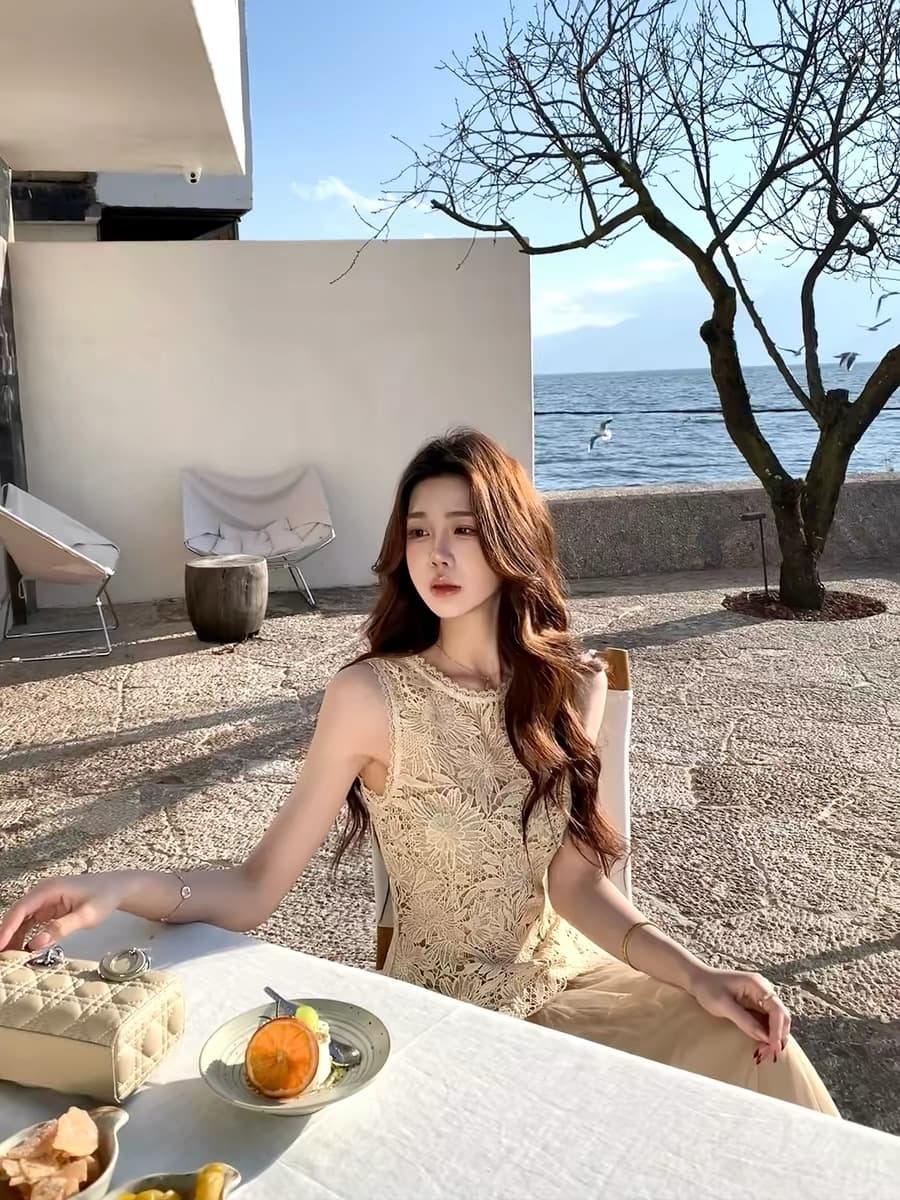 무쯔리 목자이 ~ 중 리 부드러운 바람 민소매 허리 수축 홀로우 아웃 레이스 프로 피부 맨위 도루 센스 망사 반신 치마 세트 여름 상세 이미지 2