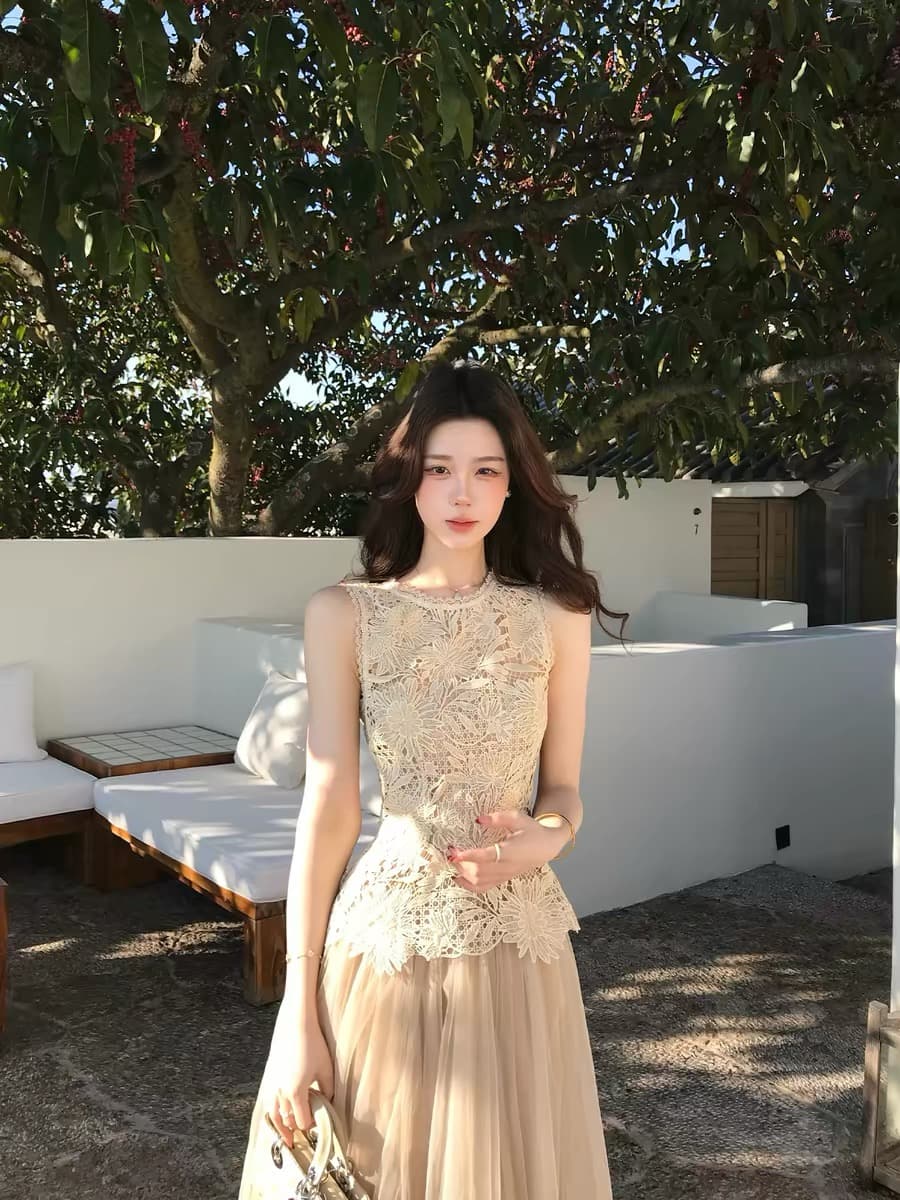 무쯔리 목자이 ~ 중 리 부드러운 바람 민소매 허리 수축 홀로우 아웃 레이스 프로 피부 맨위 도루 센스 망사 반신 치마 세트 여름 상세 이미지 4
