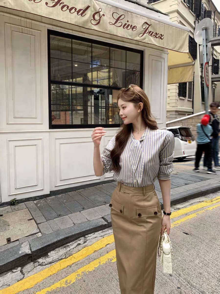 봄 새로운 한 부서 품격 출퇴근 레이스업 슬림해 보이는 긴팔 셔츠 반 스커트 상세 이미지 2