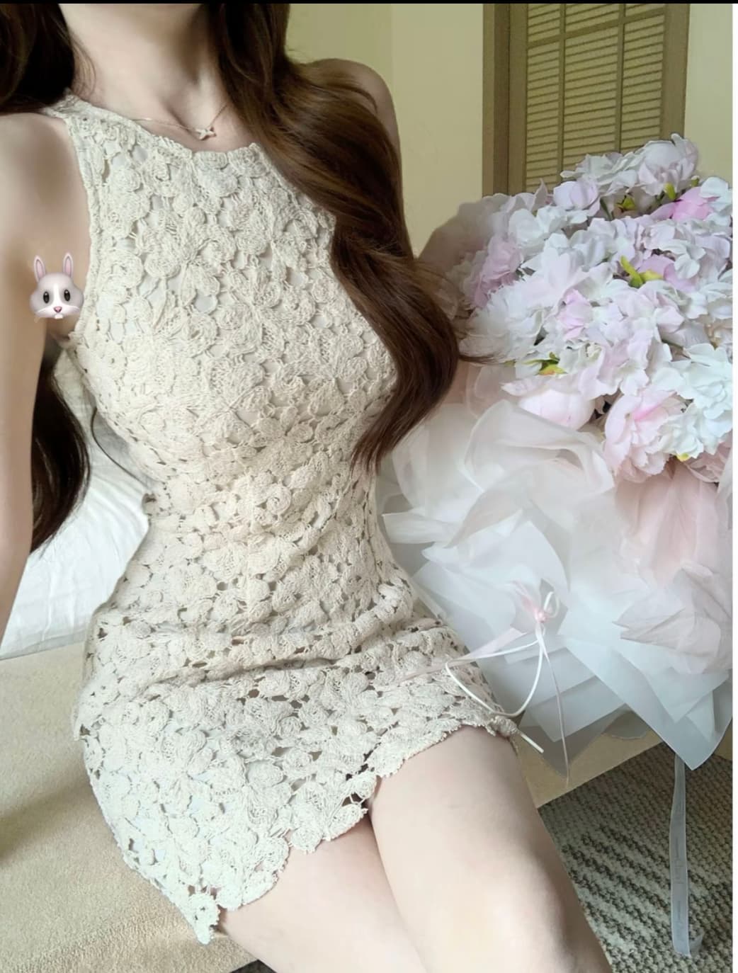 꽃 객실 주리예 줄려엽 여름 새로운 부드러운 품격 홀로우 아웃 레이스 민소매 쇼트 스타일 드레스 상세 이미지 4