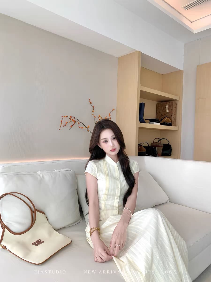 면 센스 세트 여성 여름 달콤함 부드러운 품격 허리 수축 슬림해 보이는 반팔 두 조각 세트 드레스 상세 이미지 3