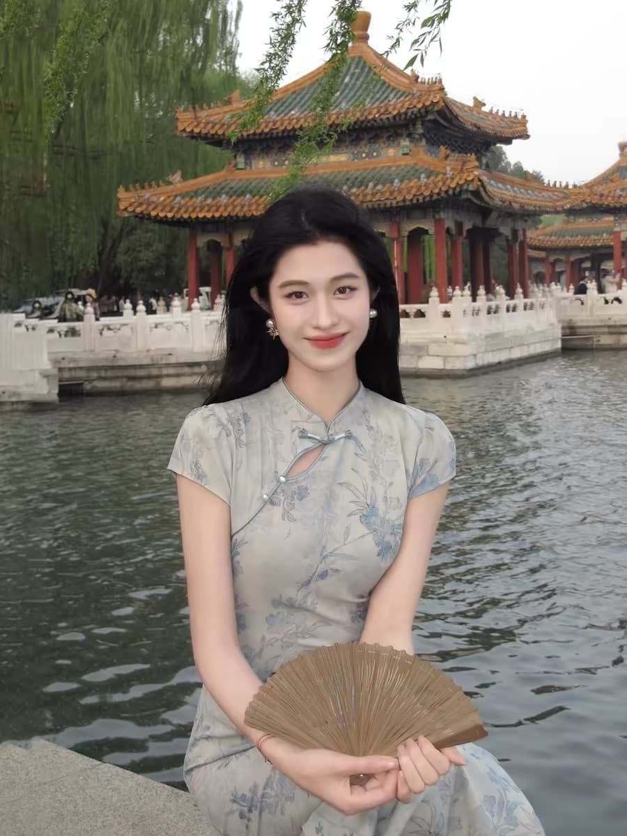 4.25new 보라색 징화 꿈 신제품 77 접기 녹색 블루 수묵화 새로운 중식 레트로 프린트 치파오 드레스 이미지 2