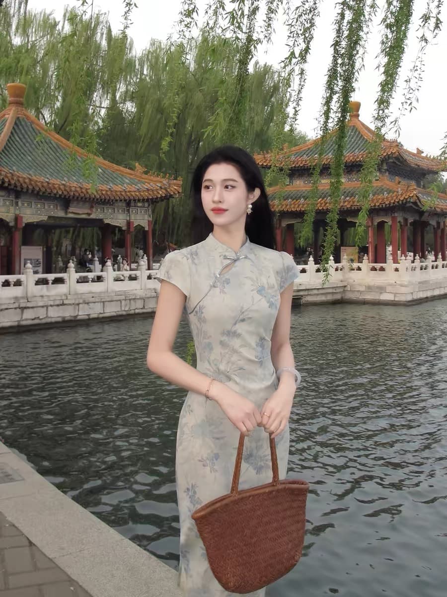 4.25new 보라색 징화 꿈 신제품 77 접기 녹색 블루 수묵화 새로운 중식 레트로 프린트 치파오 드레스 이미지 3