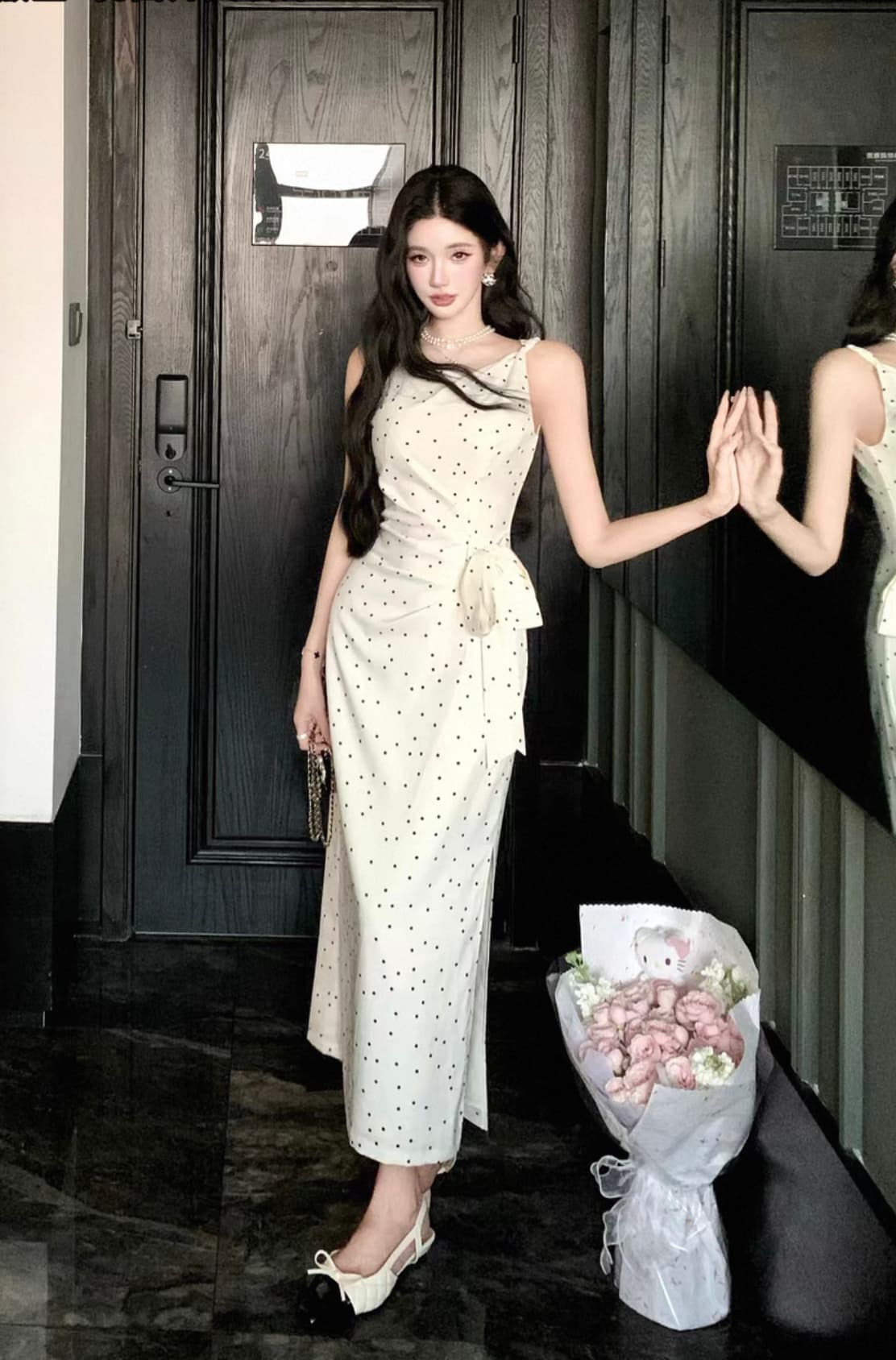 barb chill 부드러운 자매 민소매 슬립 도트 무늬 여성 드레스 여름 허리 수축 프랑스식 롱 스커트 이미지 2