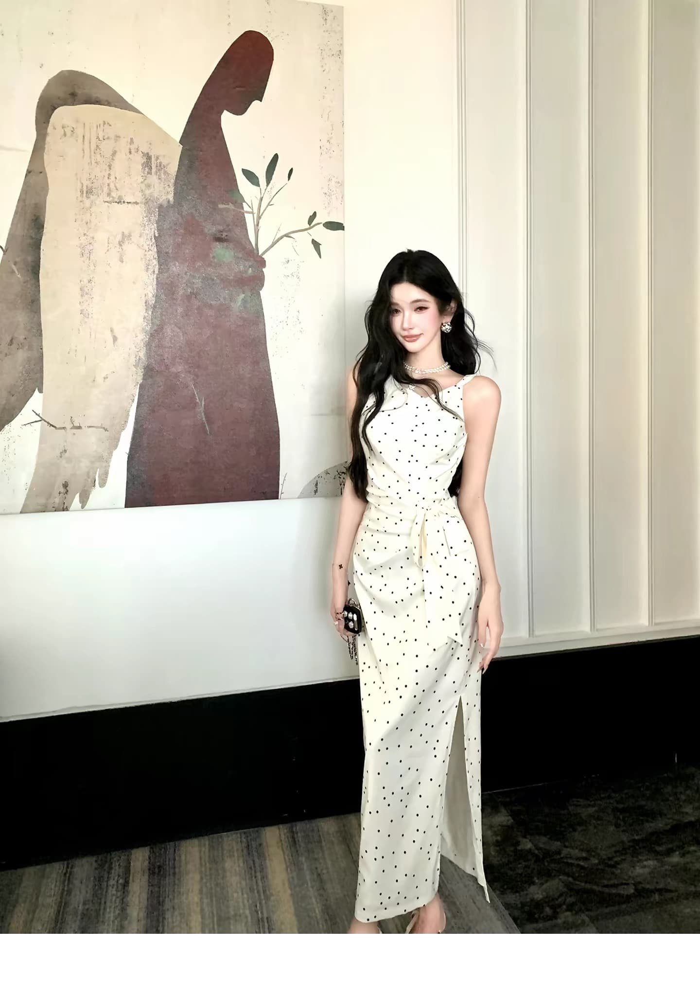 barb chill 부드러운 자매 민소매 슬립 도트 무늬 여성 드레스 여름 허리 수축 프랑스식 롱 스커트 이미지 4