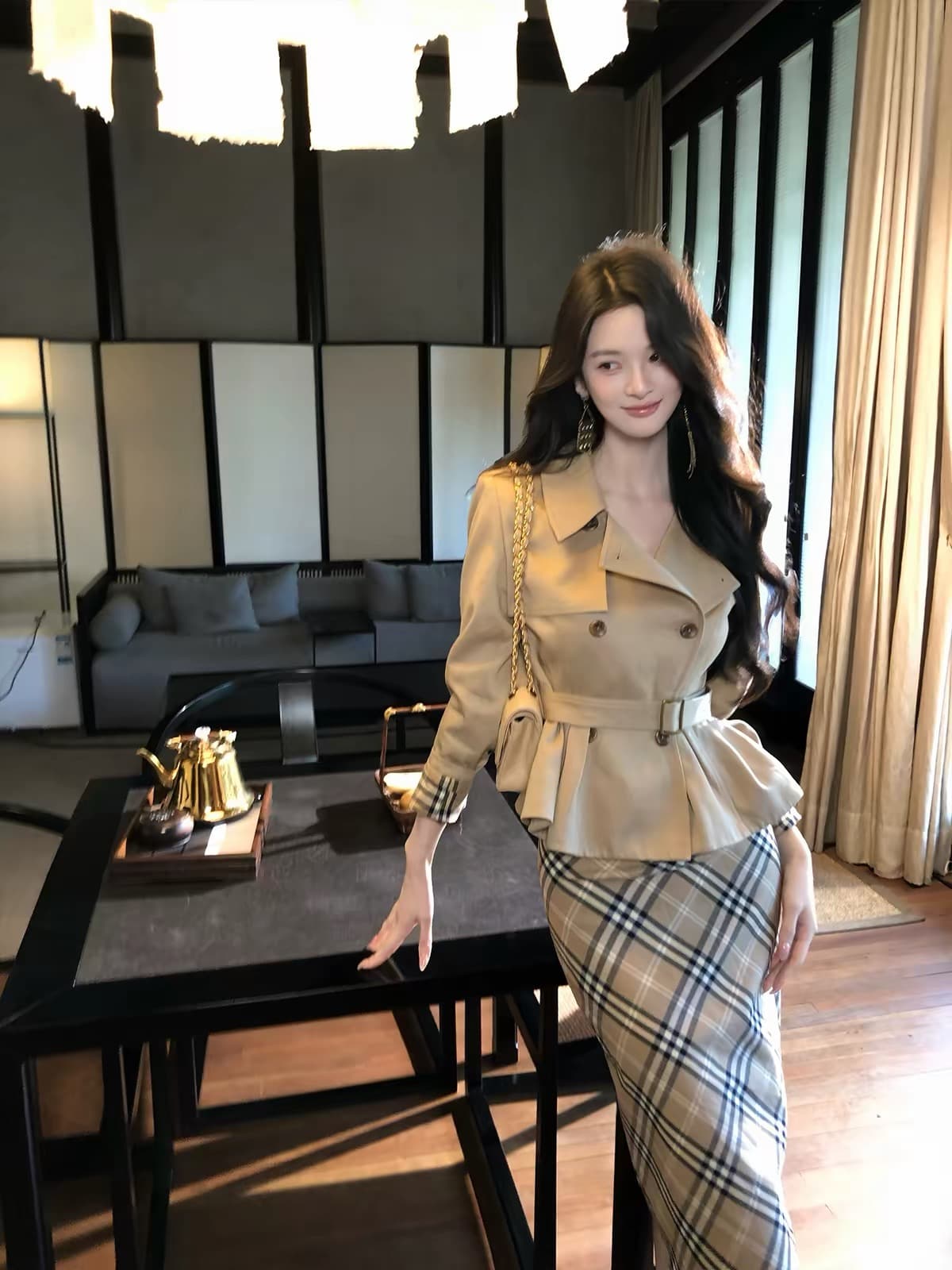 하나부터 순간 반도 라이 경기 서울 면 쇼트 스타일 재킷 재킷 레트로 체크무늬 타이트 스커트 반 스커트 출퇴근 착용 가져 가라.
